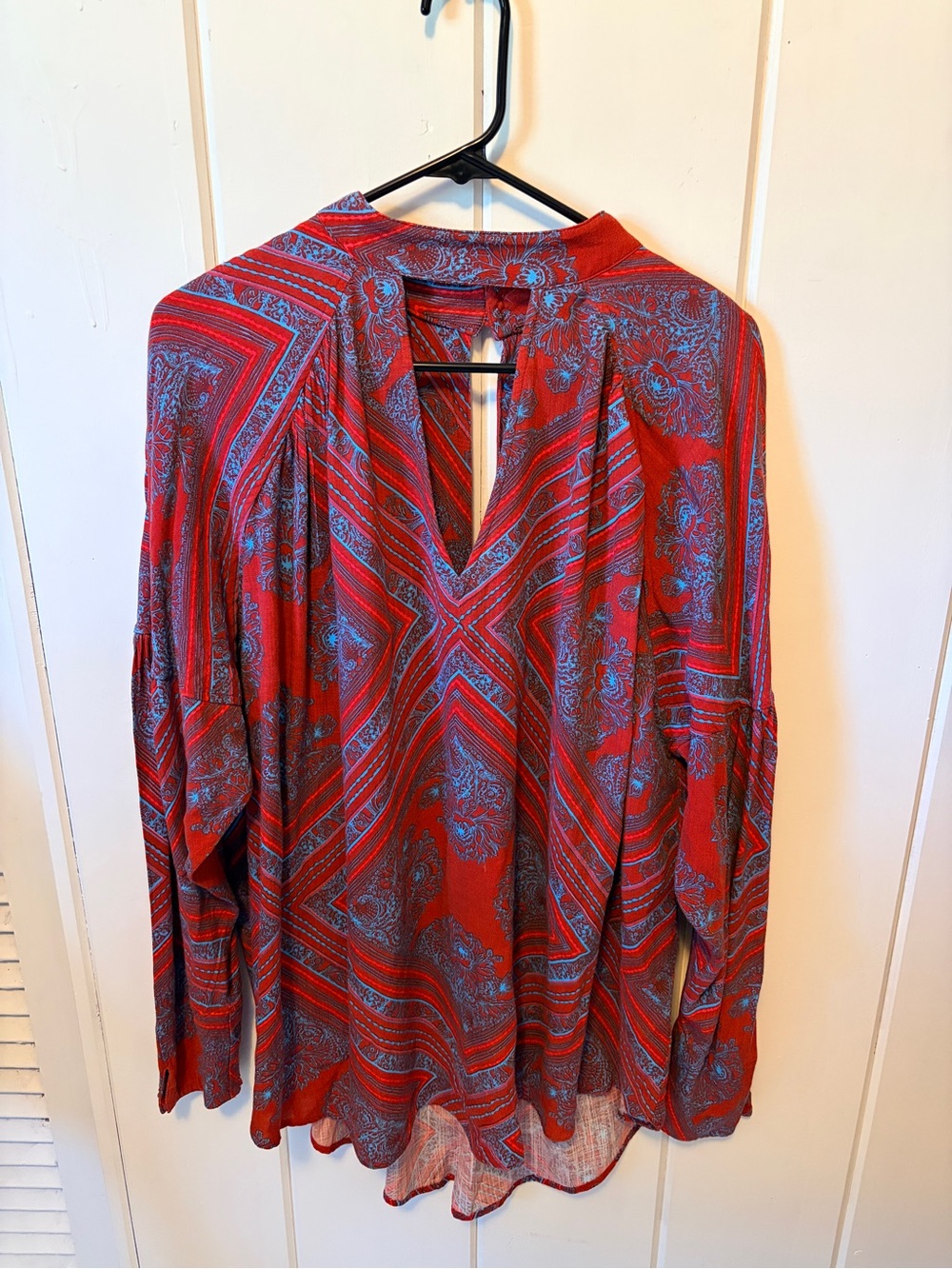 Free People Red Blouse with Blue Paisley Print
